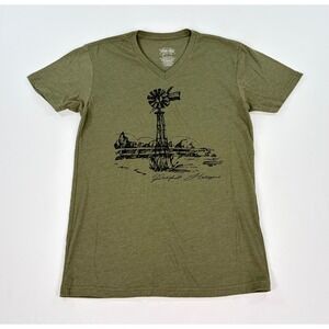 Texas True Threads Olive Green Windmill Graphic V-Neck T-Shirt Women's Small